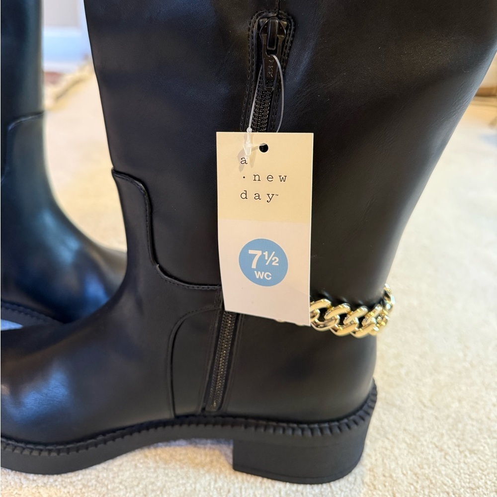 NWT A New Day Bobbi Boots Black Knee High Faux Leather Boots Gold Chain Size 7.5 - Picture 5 of 11